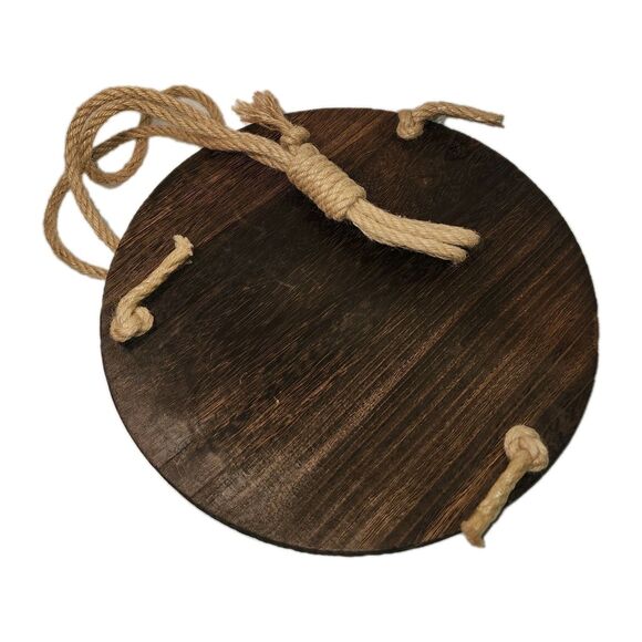 Hanging Wood Shelf Tray 13" Diameter w 30" Drop Rope Hanger Rustic Farmhouse - Picture 5 of 8